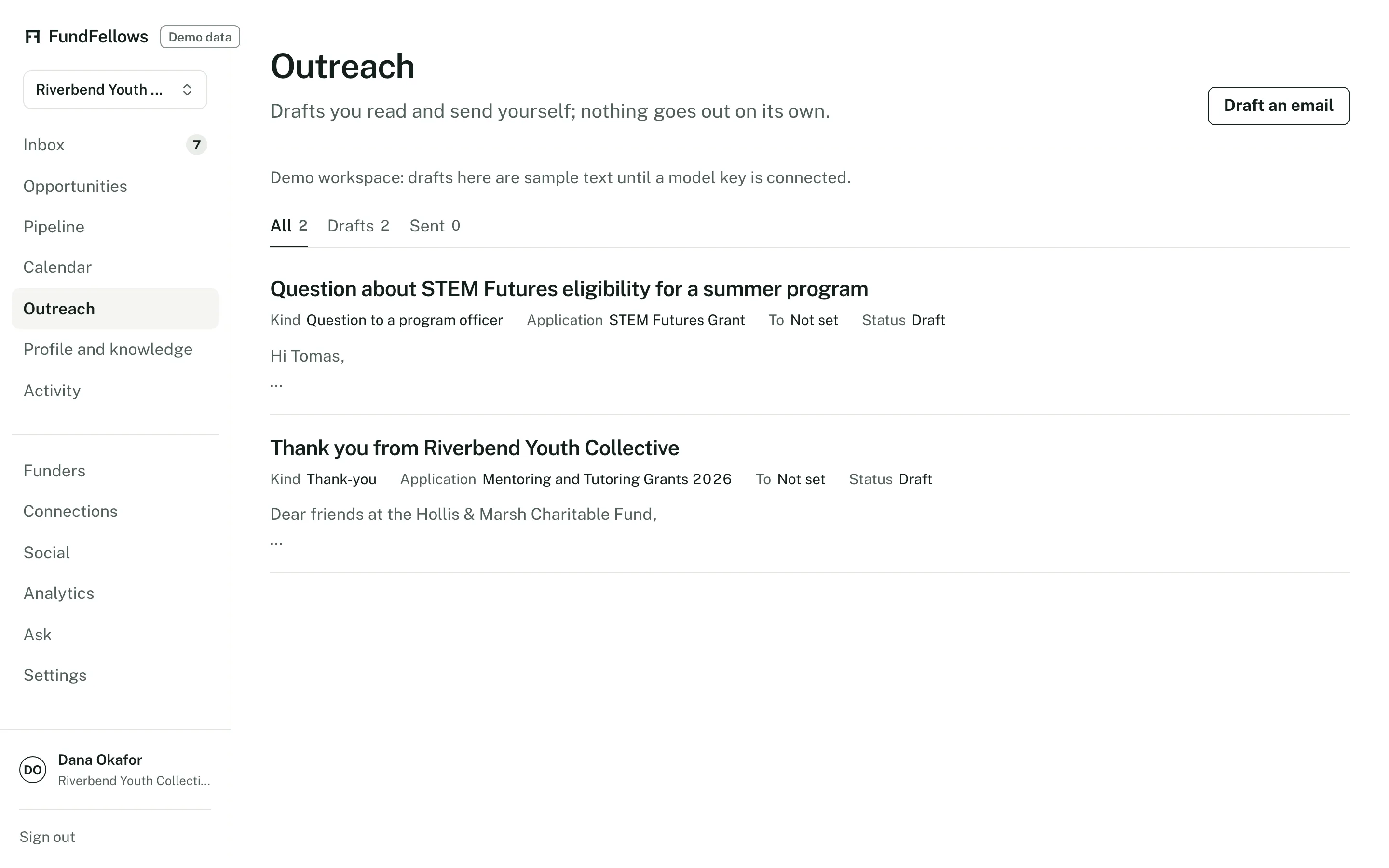 The outreach screen: a drafted email to a program officer with the recipient, subject, and body, and buttons to copy or open it in a mail app.