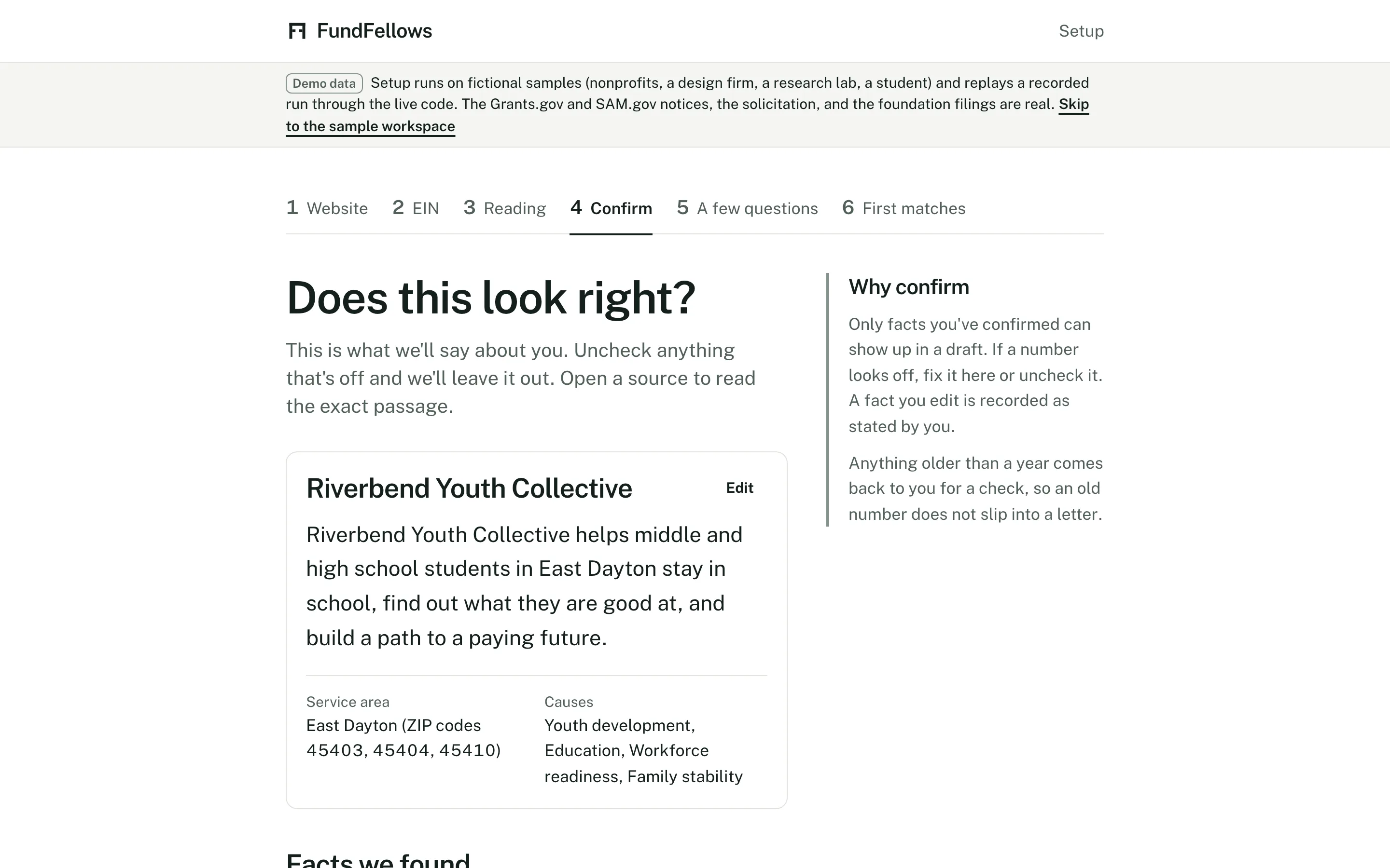 The confirm screen: facts about the organization, each with the passage and link it came from.