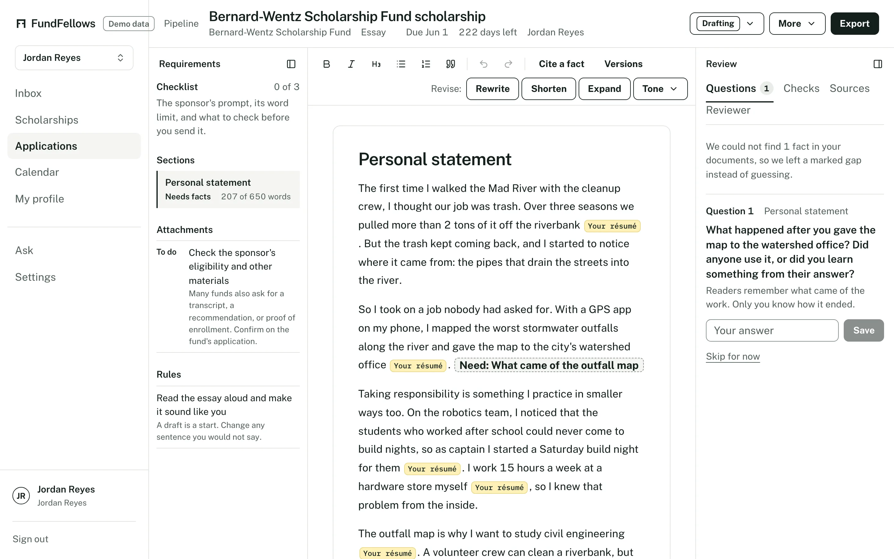 A scholarship essay drafted from a résumé, with a question where a detail is missing.