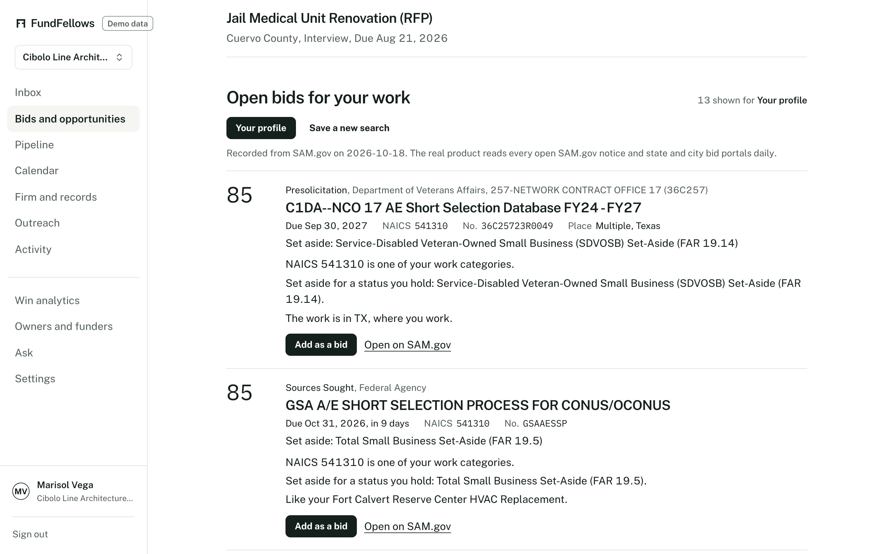 The bids tab: the firm's own bids, and SAM.gov contract notices for its NAICS codes, each with a fit score.