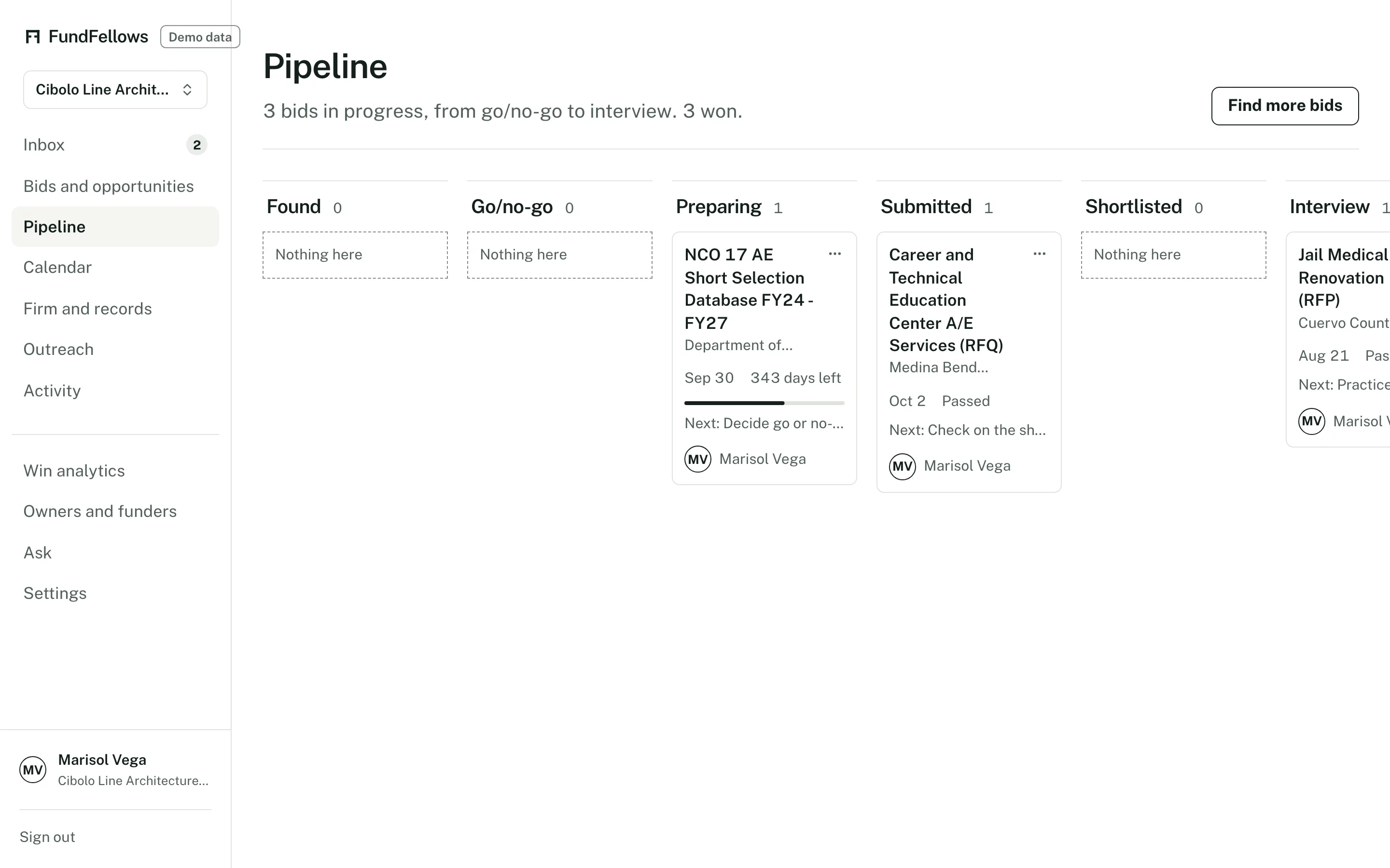 The bid pipeline board, with columns for each stage from Found to Won and Lost.